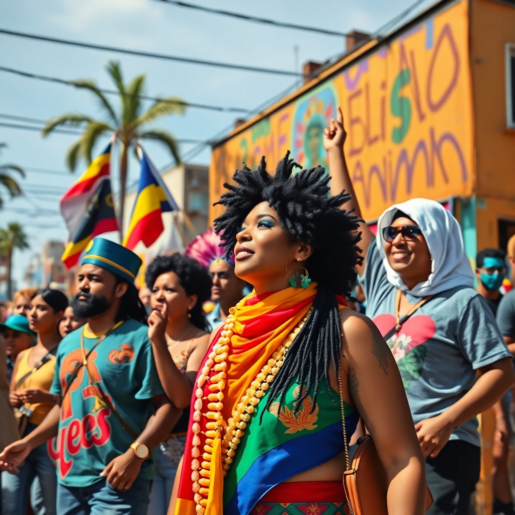 Latin American and Caribbean communities, diverse activists, cultural pride, vibrant street art