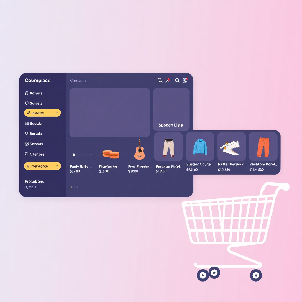 e-commerce marketplace interface with product listings, shopping cart, modern marketplace design