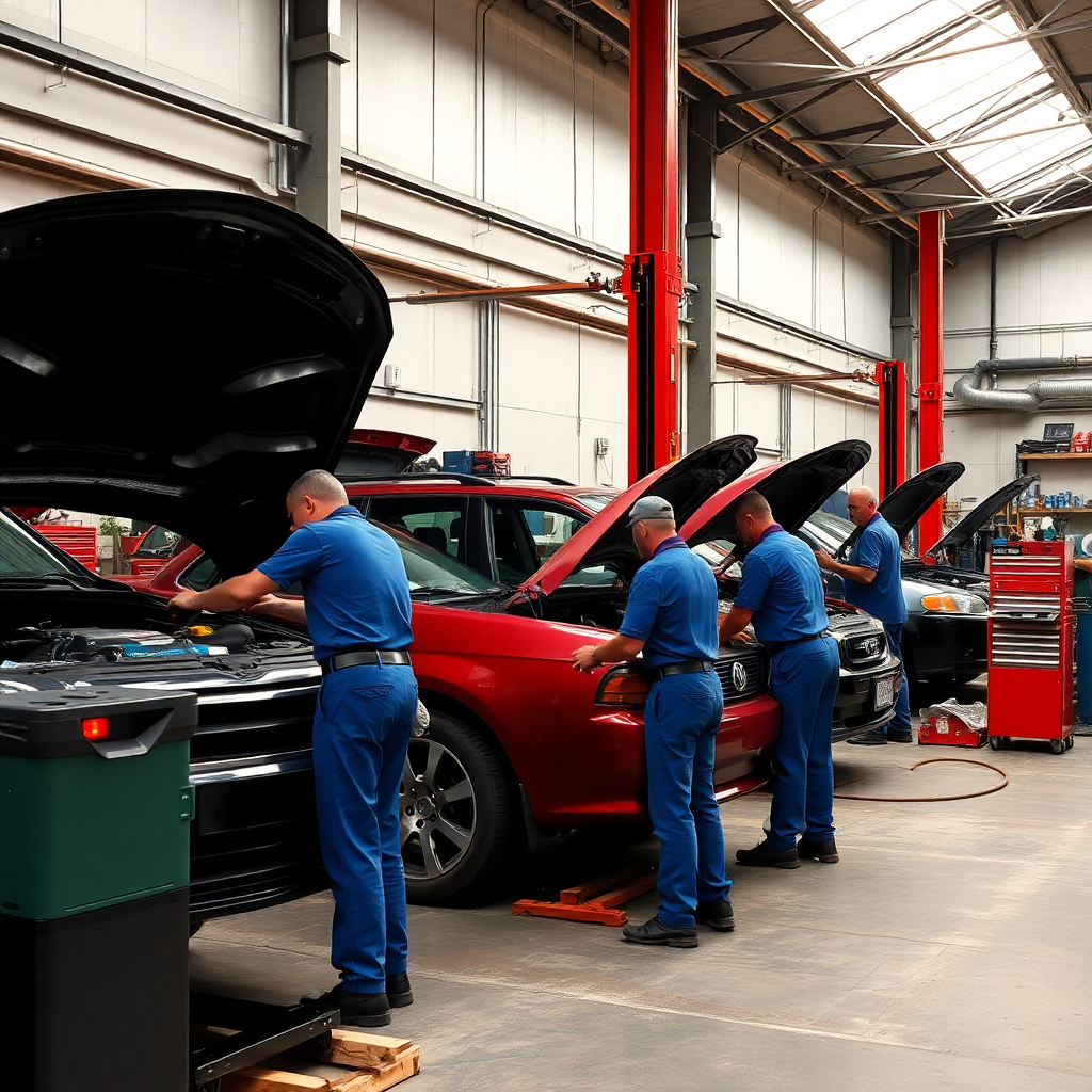 automotive repair shop with mechanics working, professional industrial setting