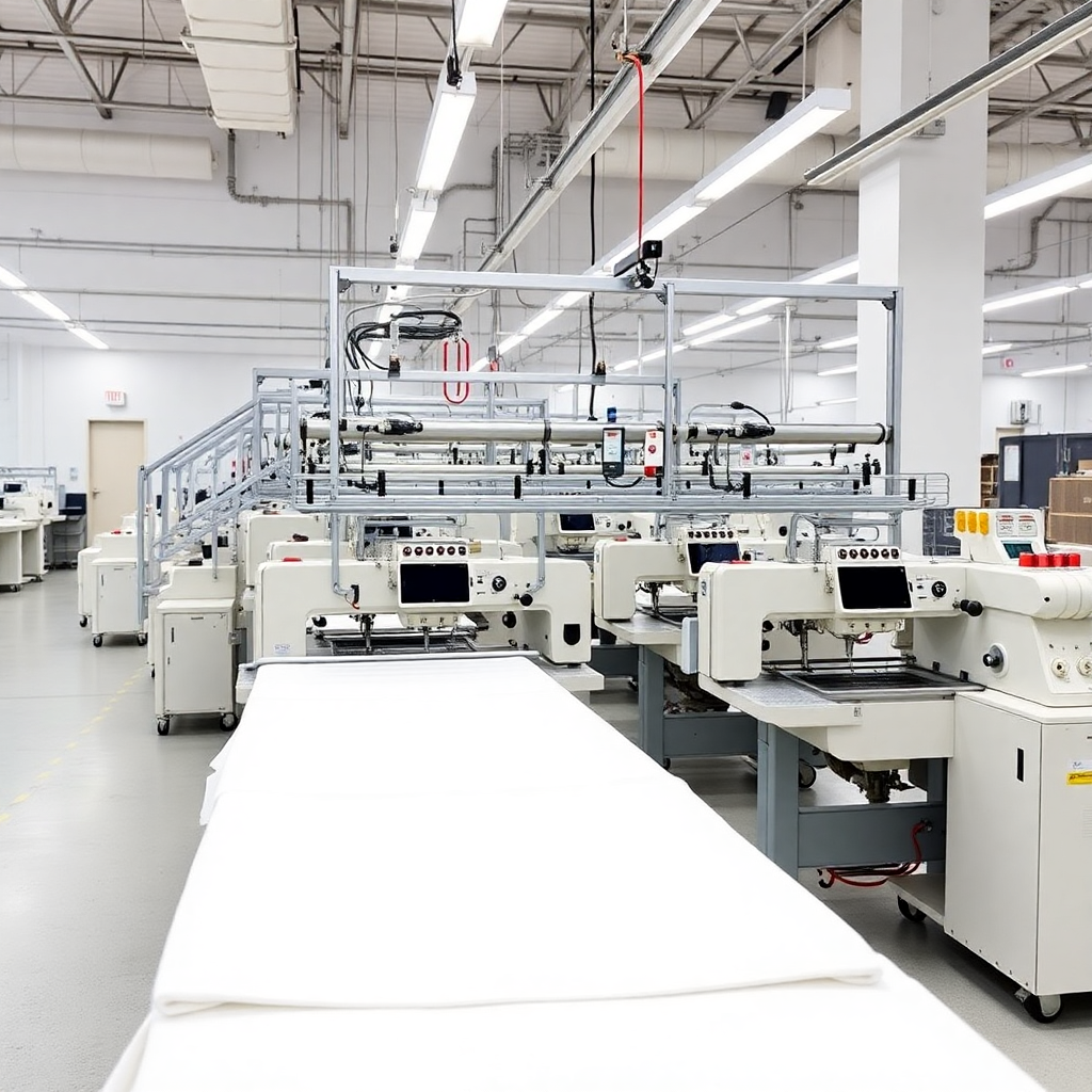 cut and sew production line for bed linens and towels, industrial garment manufacturing equipment