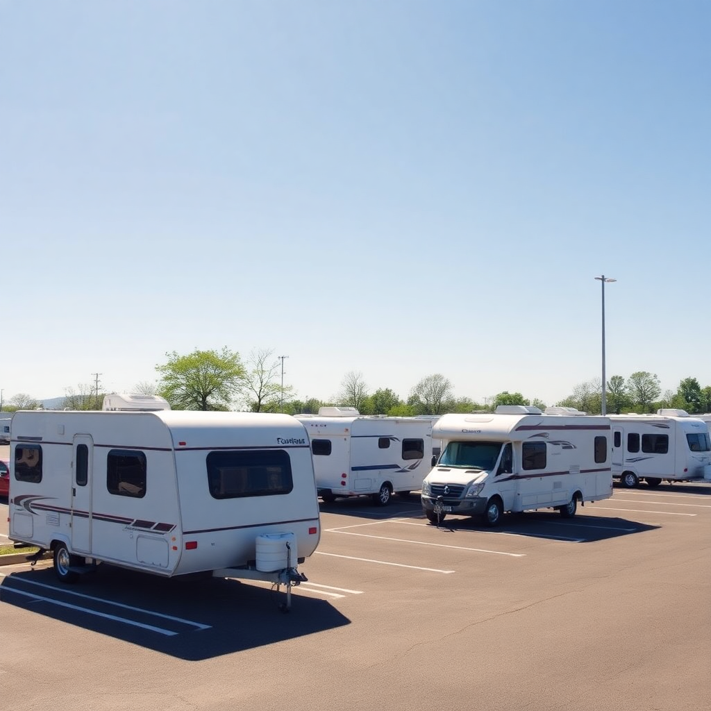 large open parking lot with travel trailers and camper vans parked in marked spaces sunny
