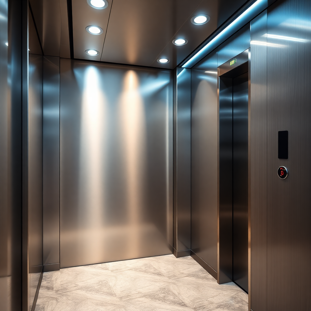 Modern elevator interior with sleek metallic finish and bright lighting, professional photography, high resolution