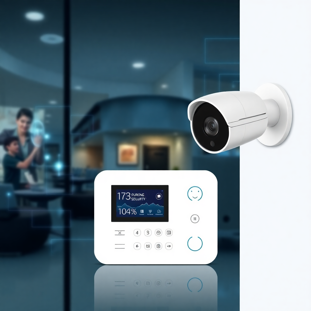 modern home security system with alarm panel and camera, professional security technology background
