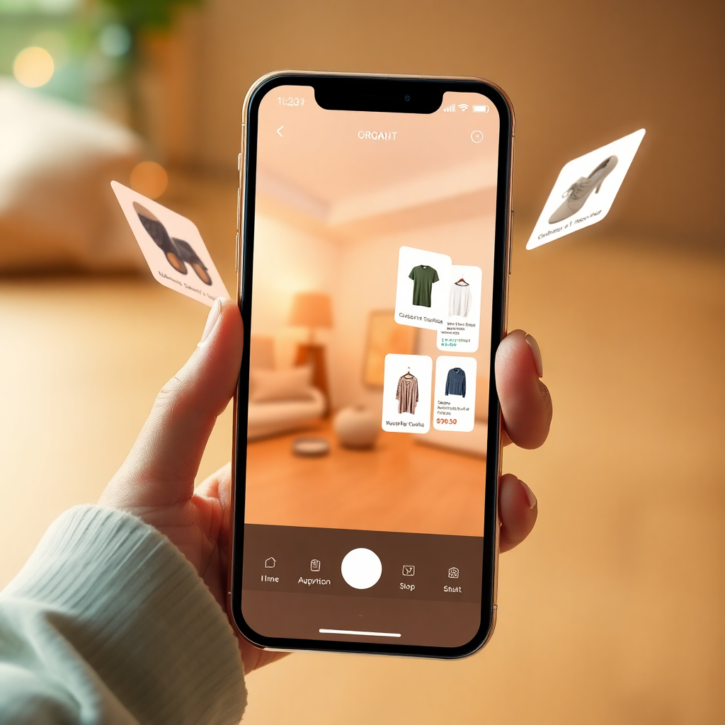 Mobile app interface showing augmented reality shopping view with organic natural soft UI elements, warm lighting, floating product cards