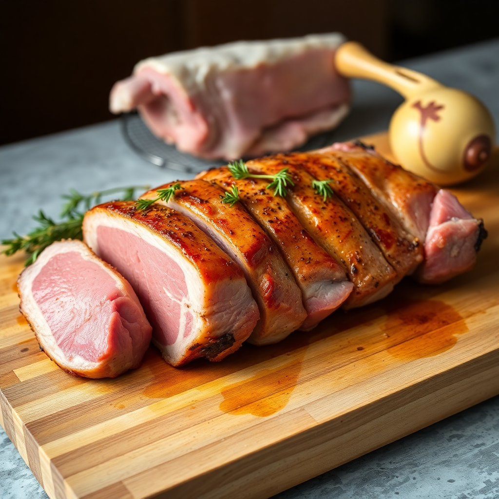 fresh pork cuts chops roast on wooden butcher block farm fresh