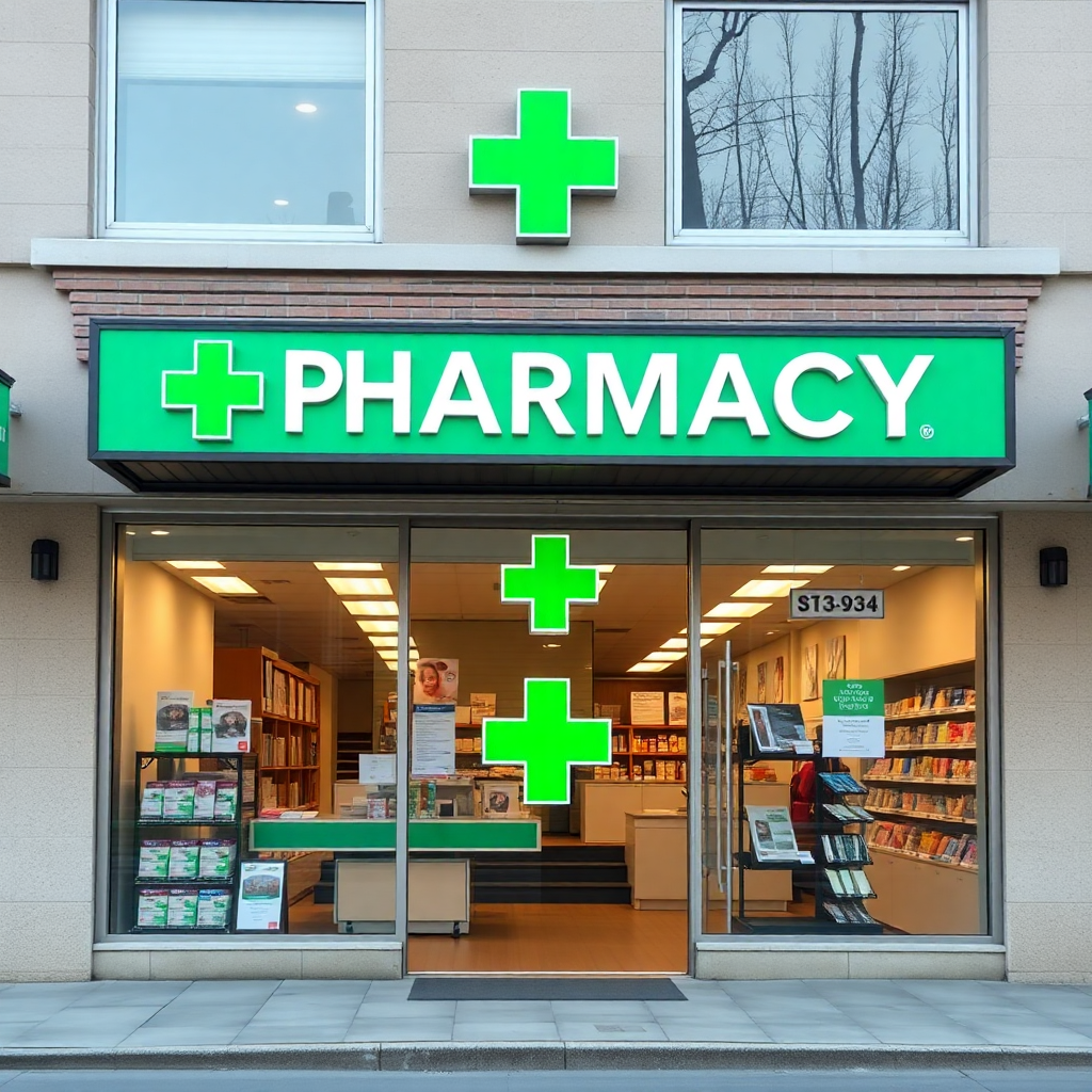 pharmacy store exterior with green cross medical sign