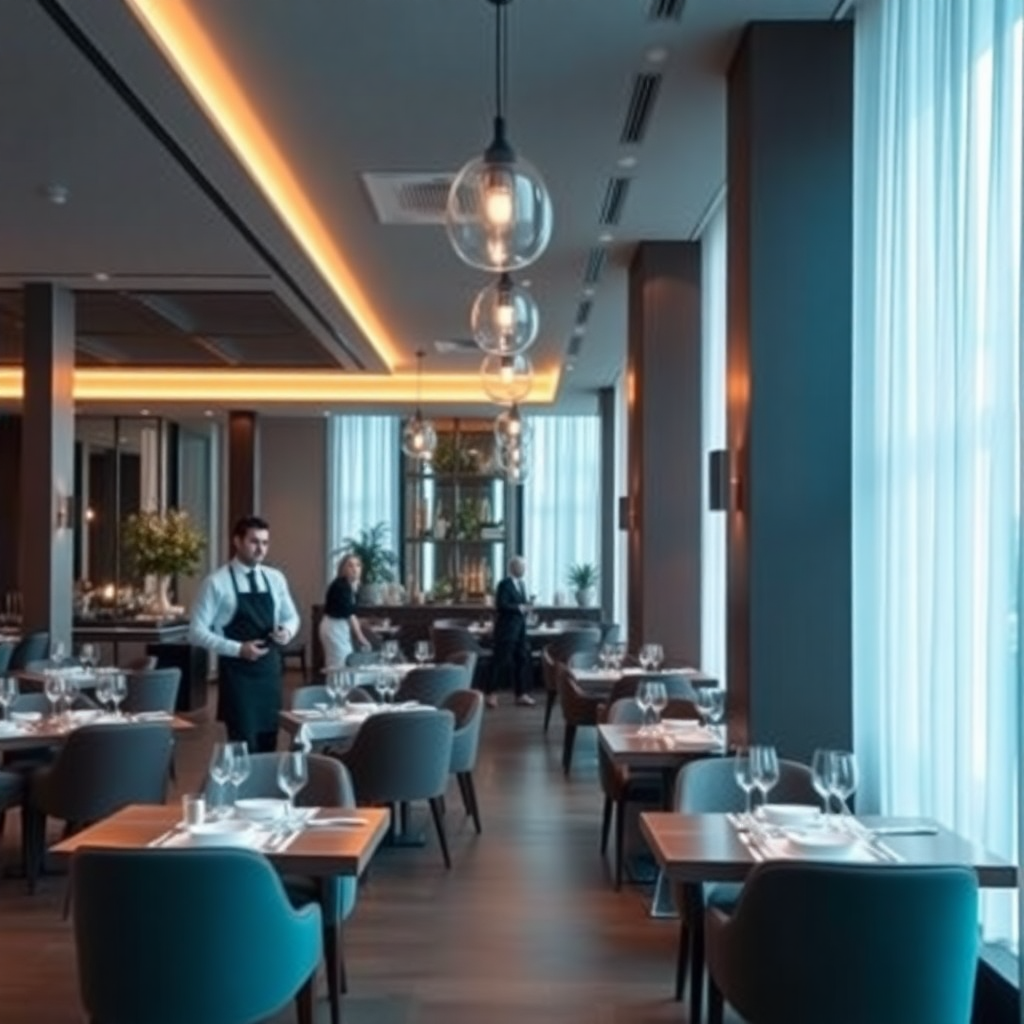 modern boutique hotel restaurant interior, elegant dining space with warm lighting, professional staff