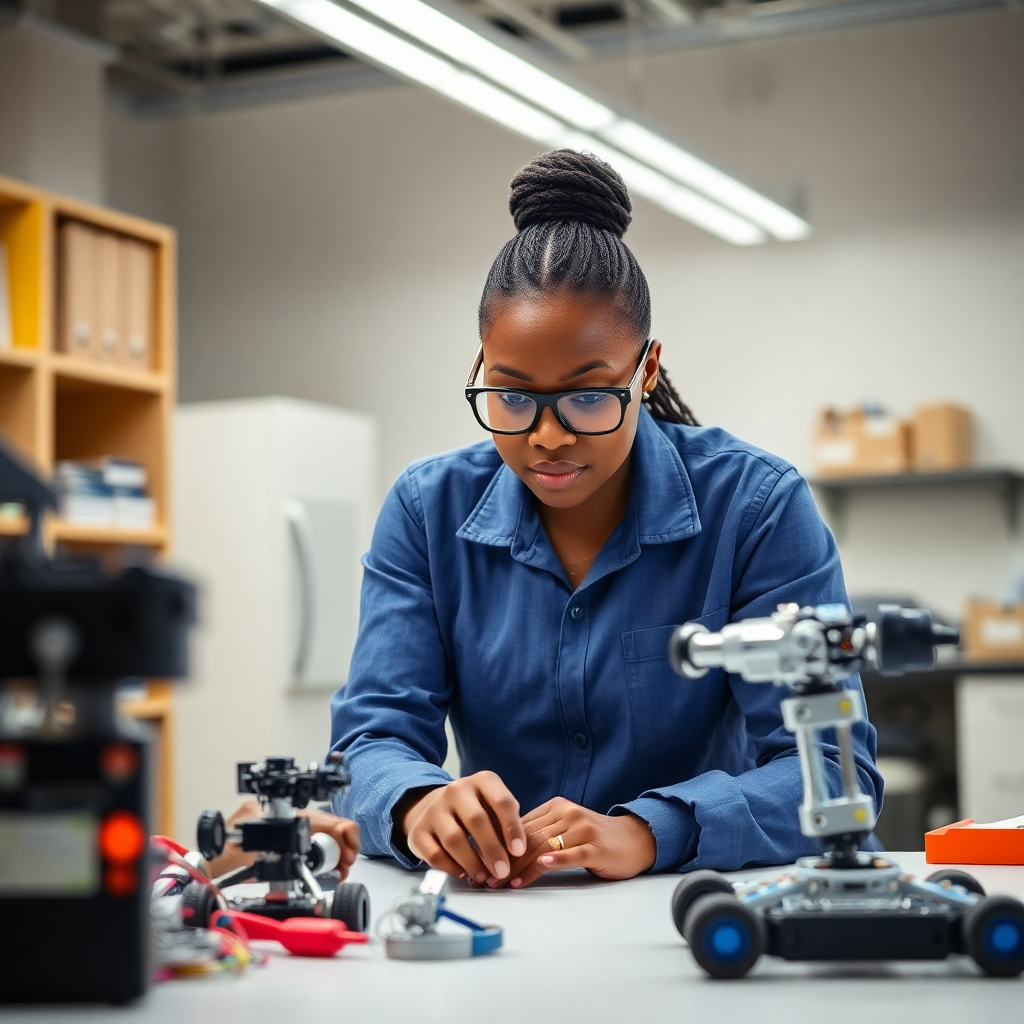 Nigerian female engineering student working on robotics project in university lab, focused and innovative