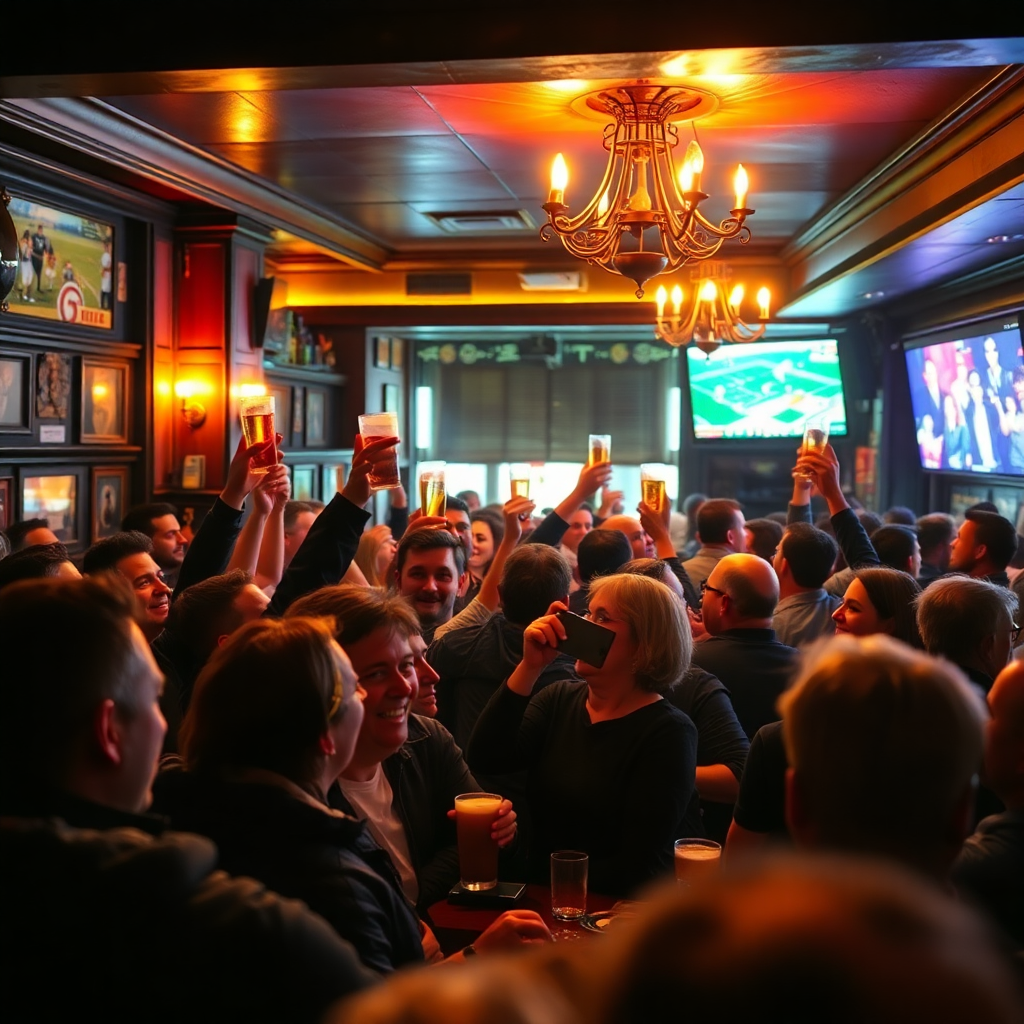 crowded pub interior people laughing drinks raised
