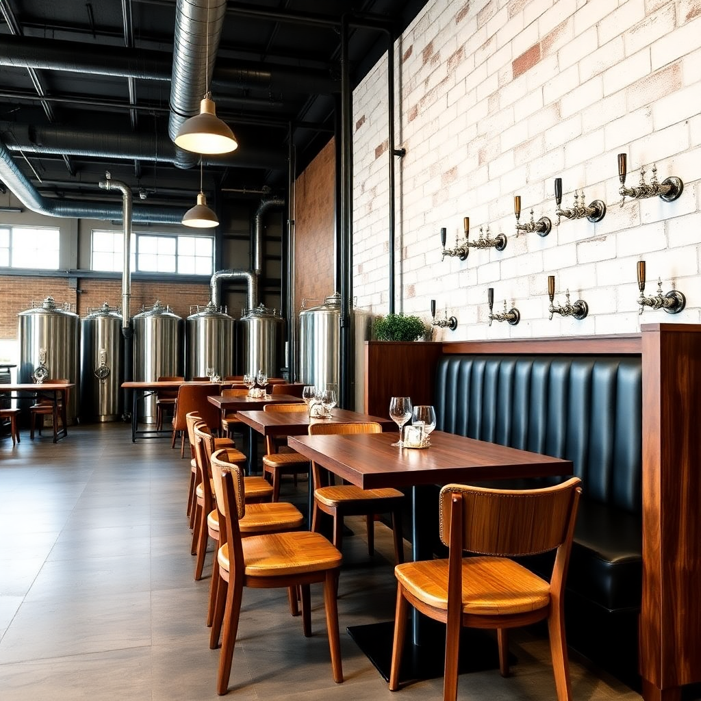 brewery with private booth seating, industrial design, craft beer taps, casual meeting space