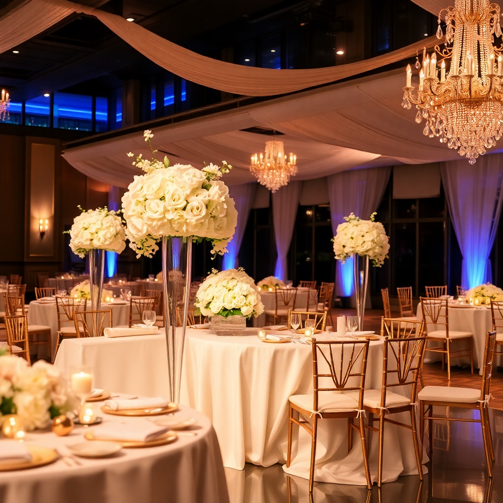 elegant wedding reception with white flowers, golden details, romantic lighting, bride and groom table setup