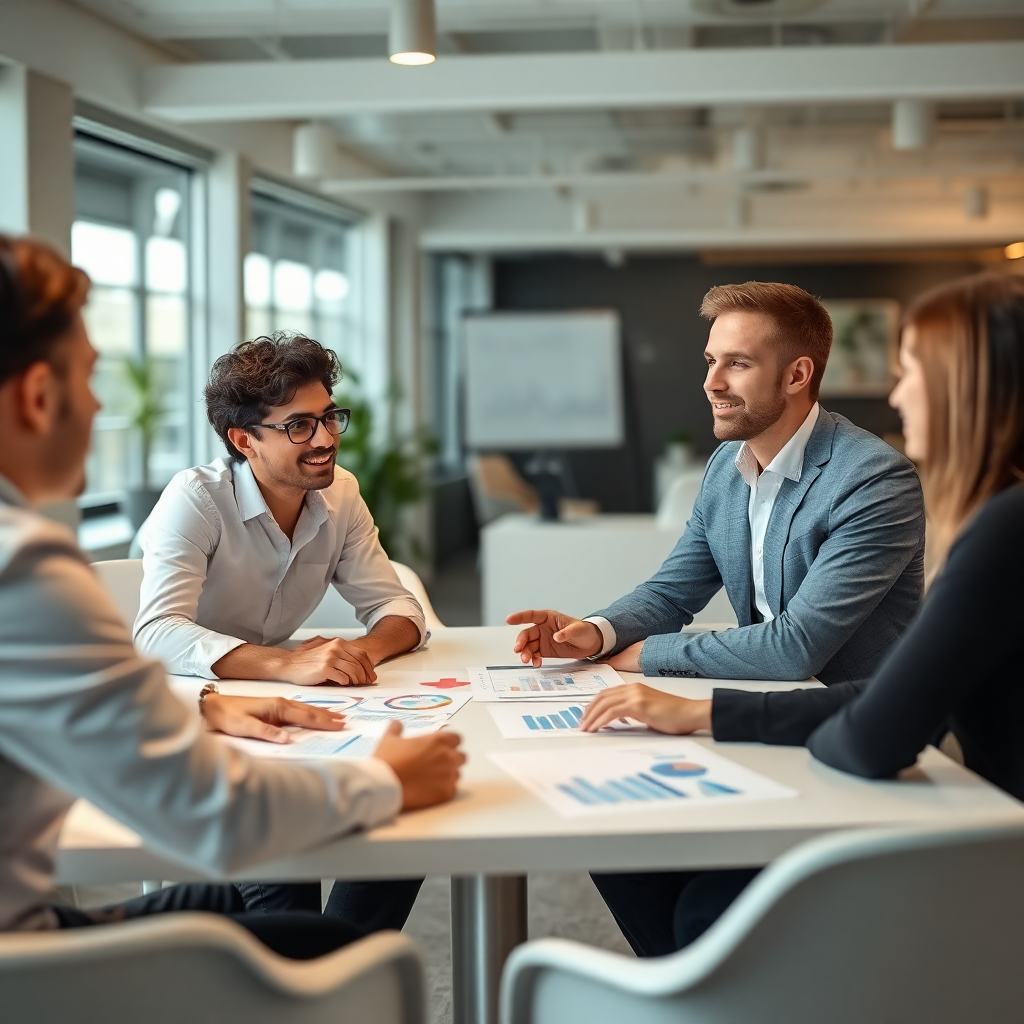 professional team meeting discussing digital strategy, modern office, collaborative workspace, charts and graphs