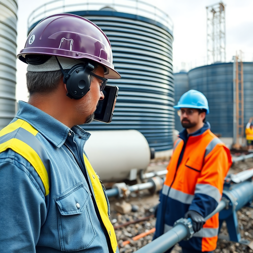 construction site manager monitoring water tanks and equipment, industrial photography