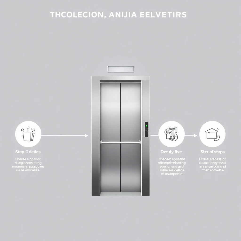 elevator modernization phases illustration, step by step upgrade process, technical diagram style, professional industrial design