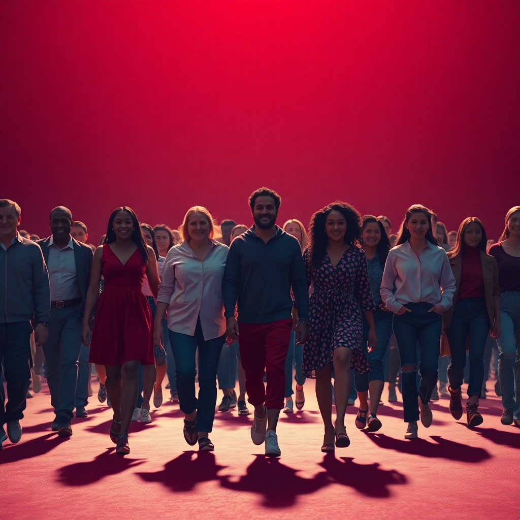 diverse people walking together in unity, hopeful inspiring scene, crimson and deep blue color tones, cinematic lighting