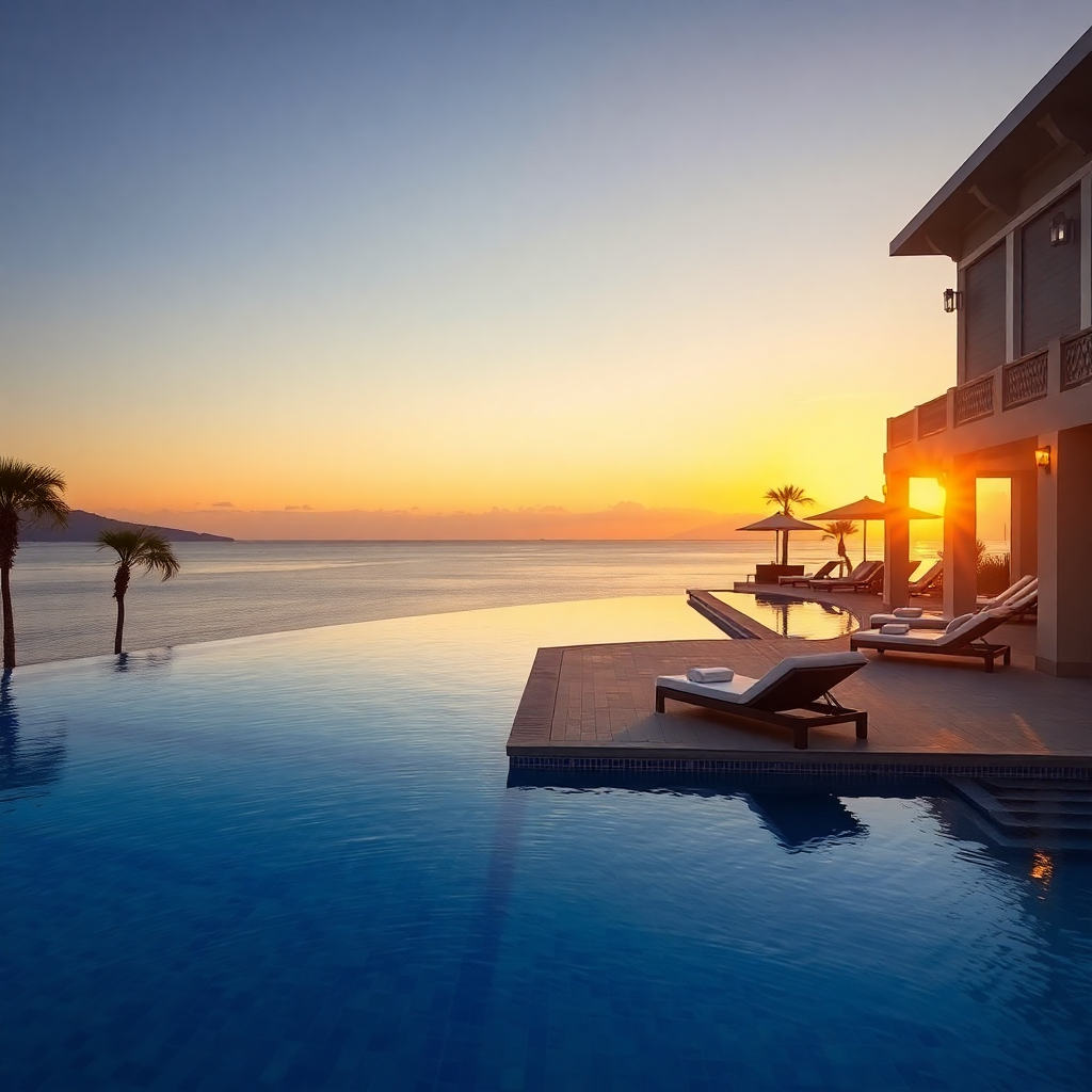 luxury hotel pool at sunset with soft, bright lighting, high-key photography style