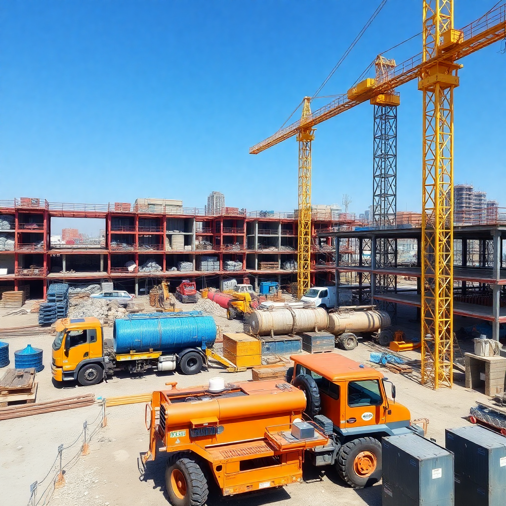 construction site with heavy machinery and equipment, industrial construction