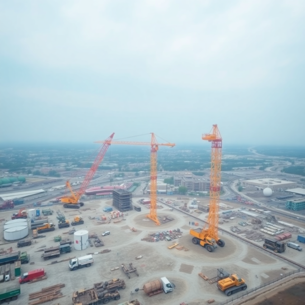 Vista aérea de sitio de construcción con grúas y maquinaria pesada
