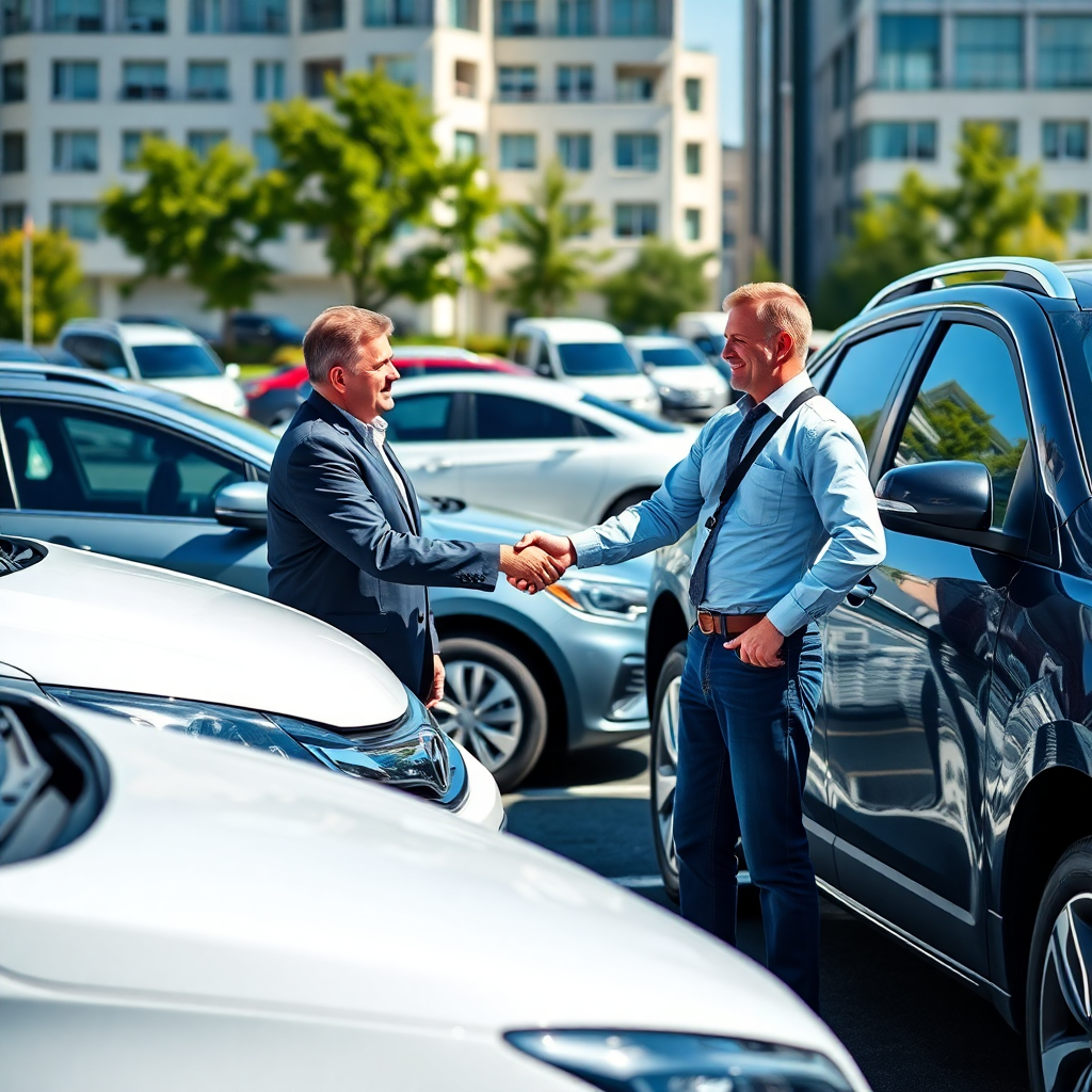 two drivers shaking hands next to parked cars in urban parking lot