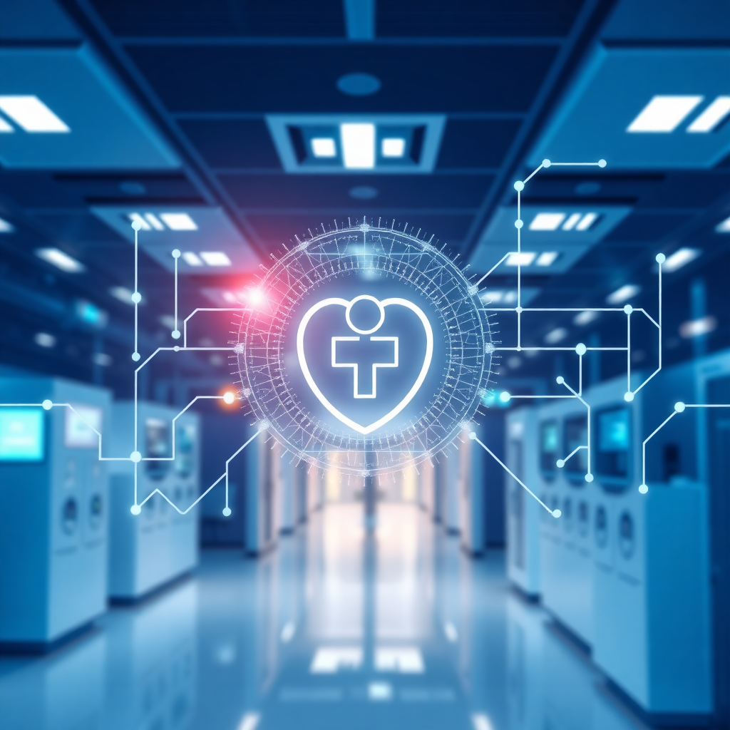 modern medical clinic network with digital patient data protection, healthcare cybersecurity visualization, professional photography