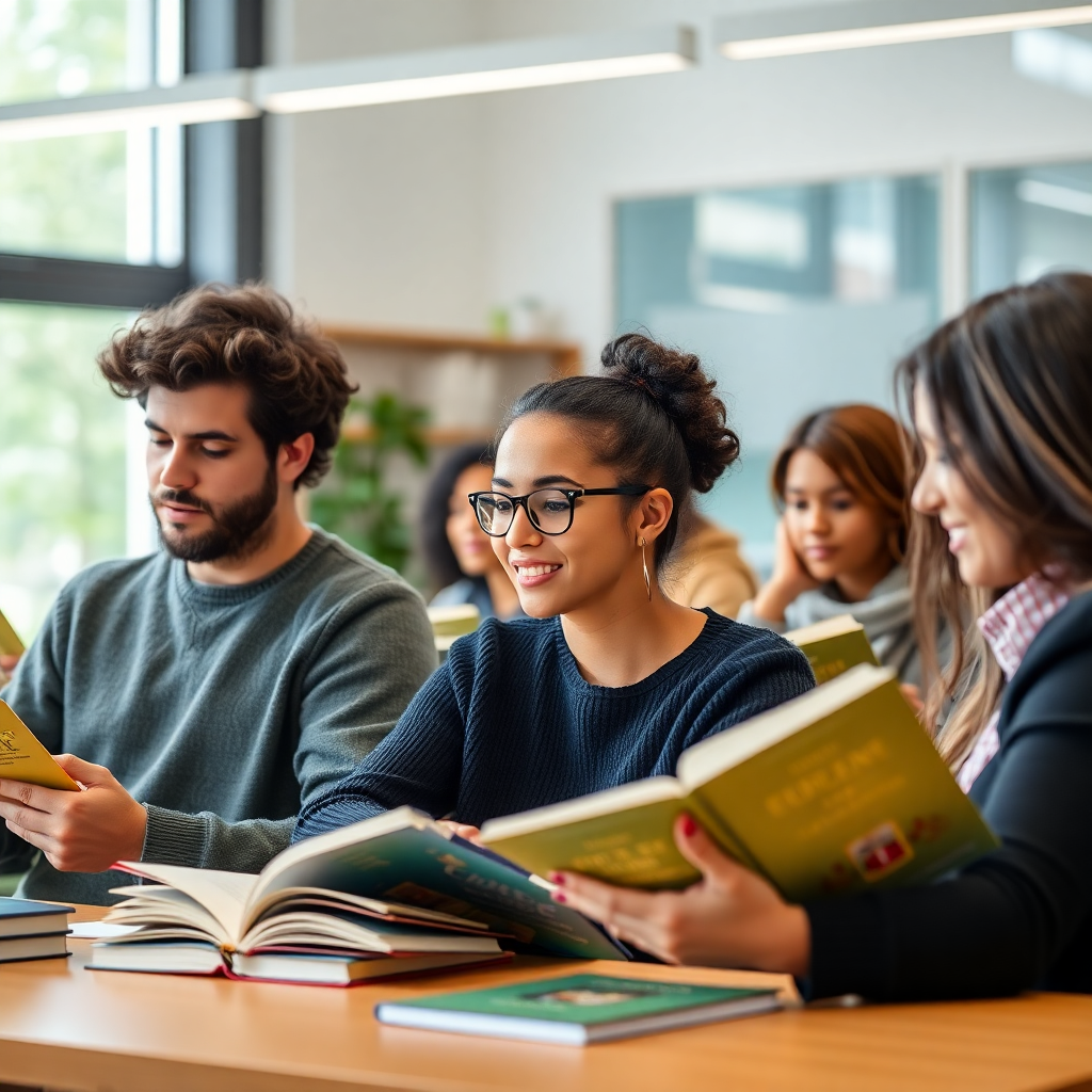diverse students in modern classroom studying English with Cambridge books, professional education photography