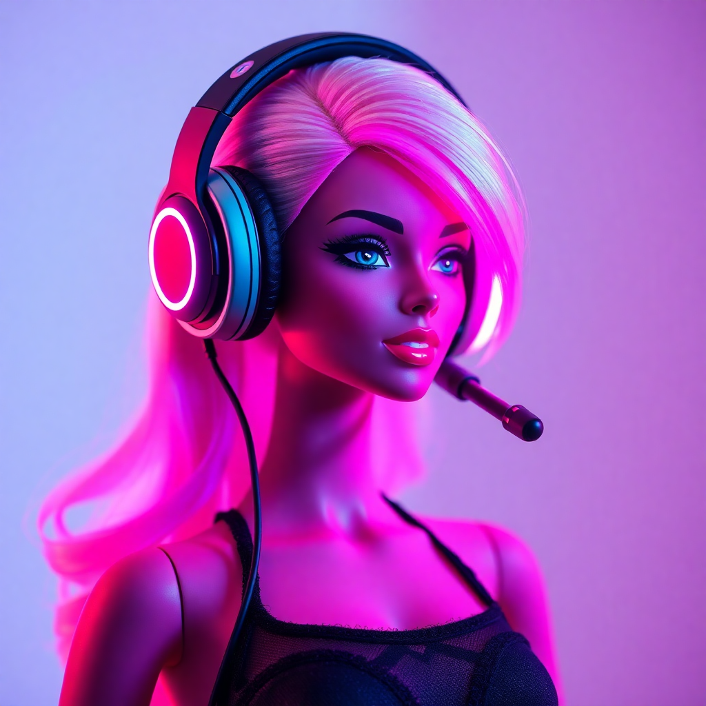 glamorous barbie with gaming headset and RGB lighting, hot pink and purple neon glow, fashion photography style