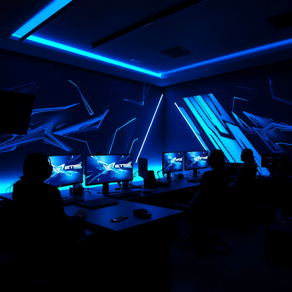 modern gaming setup with blue ambient lighting, professional esports environment, dark atmosphere