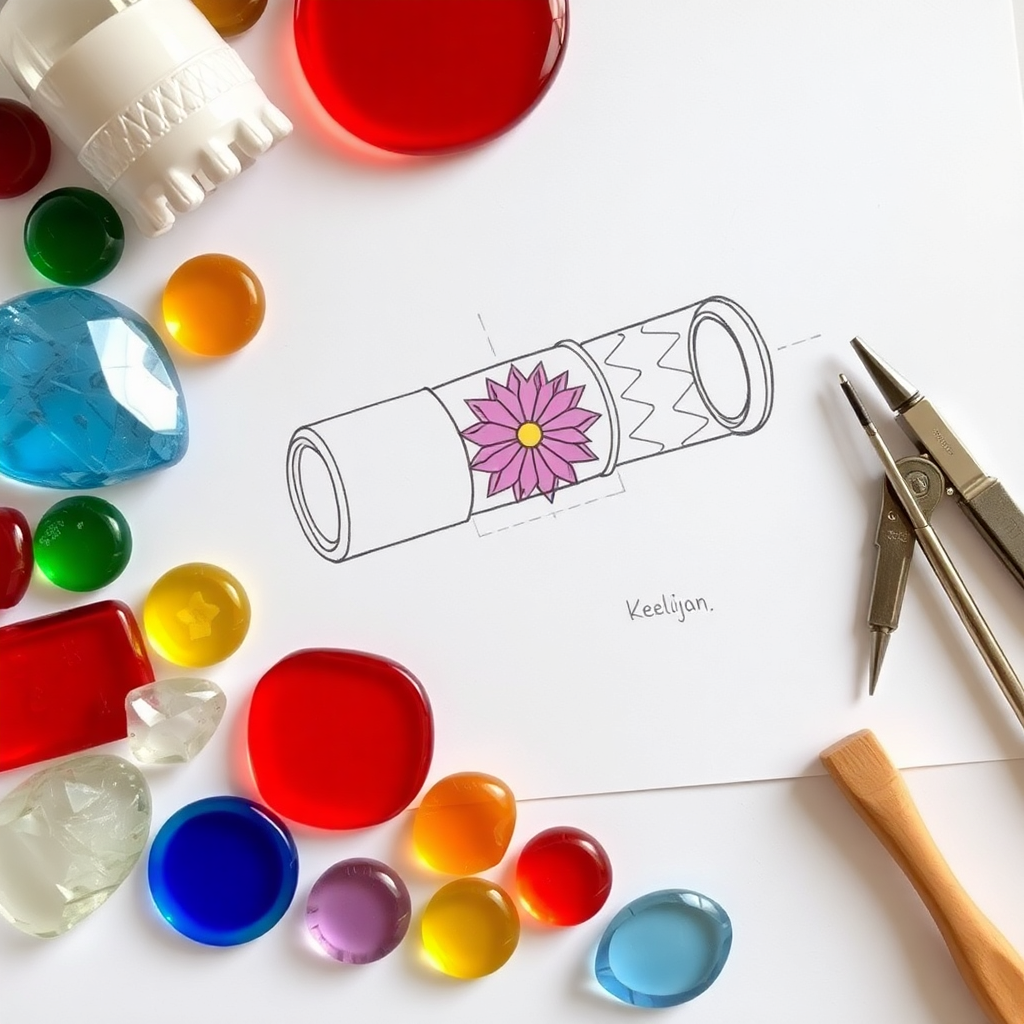 A design sketch of a kaleidoscope next to colorful glass pieces and tools