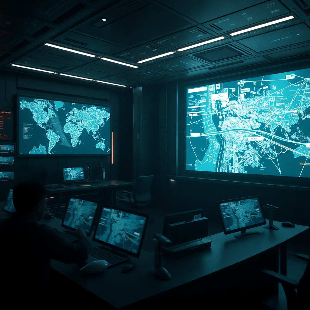 futuristic security operations center with holographic displays showing city maps and data streams, dark moody lighting, cinematic style