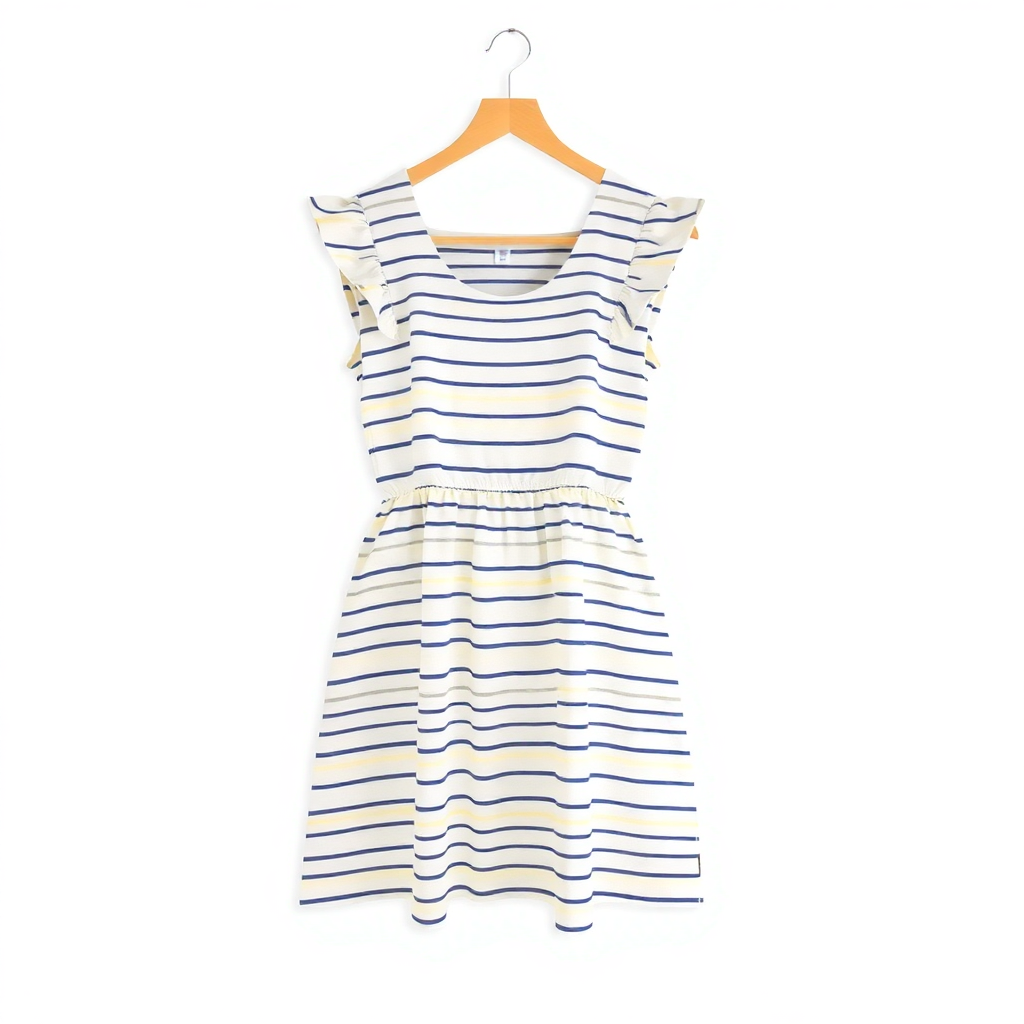 modern casual summer dress striped pattern on white background, fashion photography, product photo