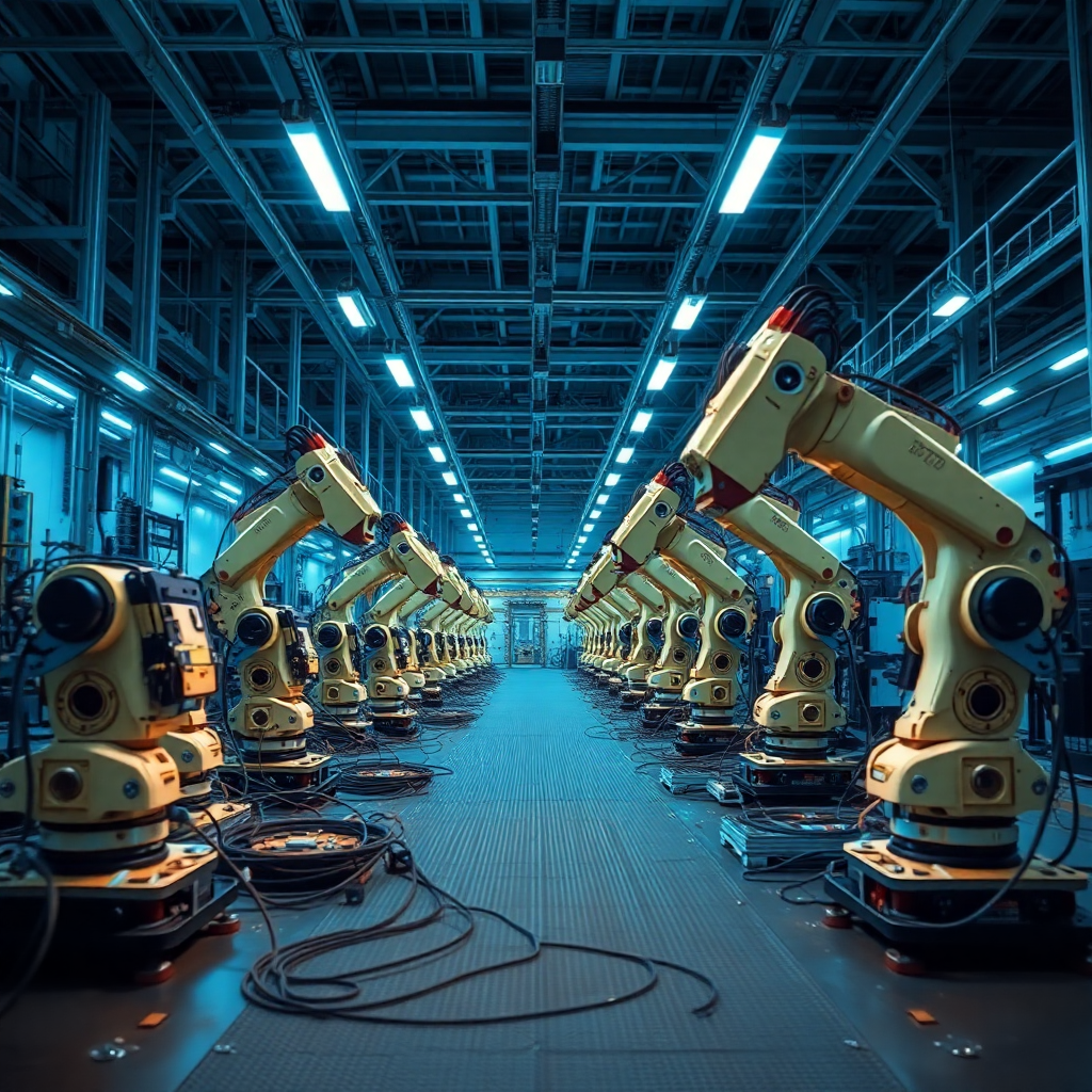 A wide-angle, high-resolution photograph of a modern, clean manufacturing factory floor with advanced robotic arms assembling wiring harnesses, cinematic lighting with blue and metallic tones.