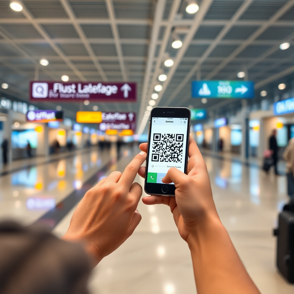 passenger using smartphone with Qtouch app at airport terminal, scanning QR code, engaging with interactive mobile experience, modern airport background