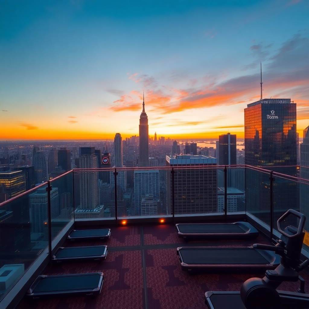luxury Manhattan gym location aerial view premium district golden hour lighting