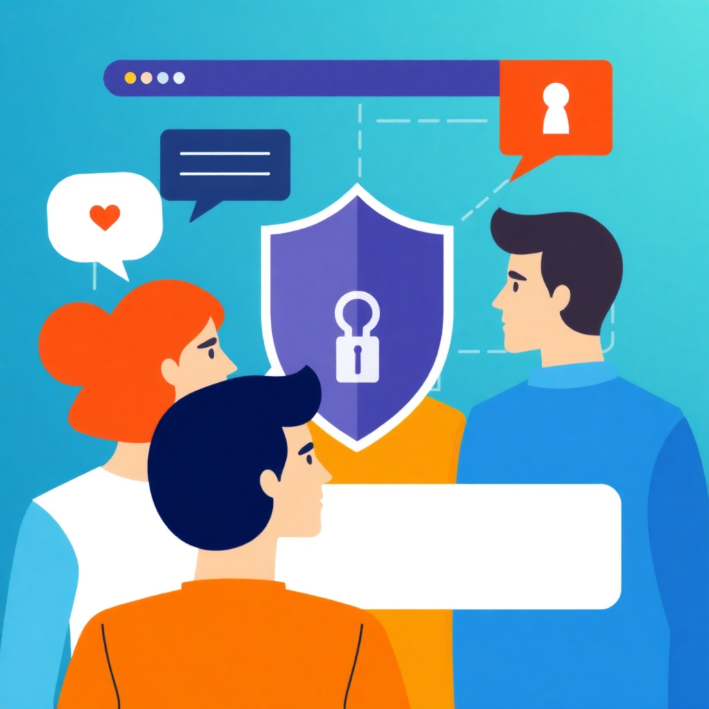 privacy protection concept, people sharing opinions anonymously, data shield visualization, GDPR compliance, secure data collection, modern illustration style