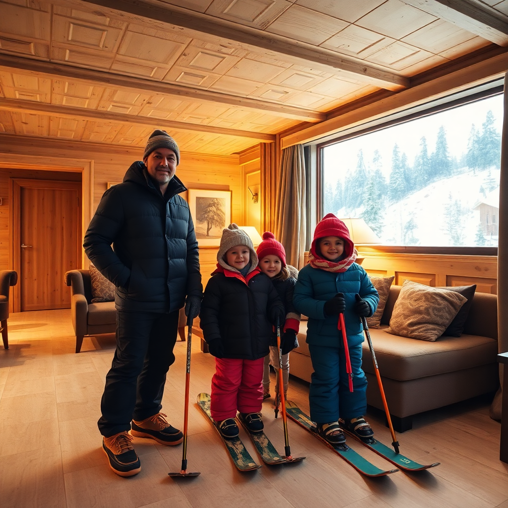 luxury family winter stay alpine hotel Soldeu Andorra parents children ski equipment warm interior mountain chalet lifestyle editorial photography warm light cinematic