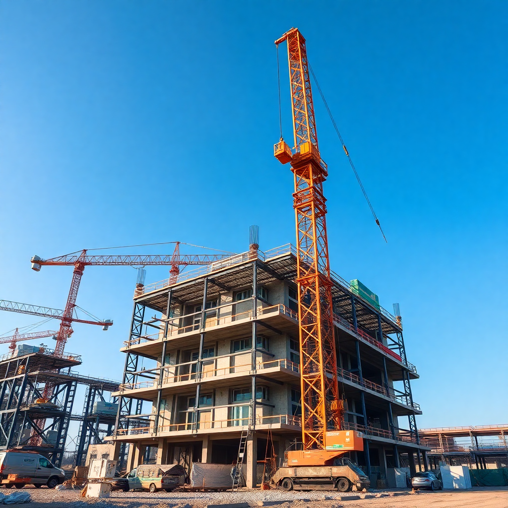 construction site with crane and workers, professional construction photography, industrial architecture