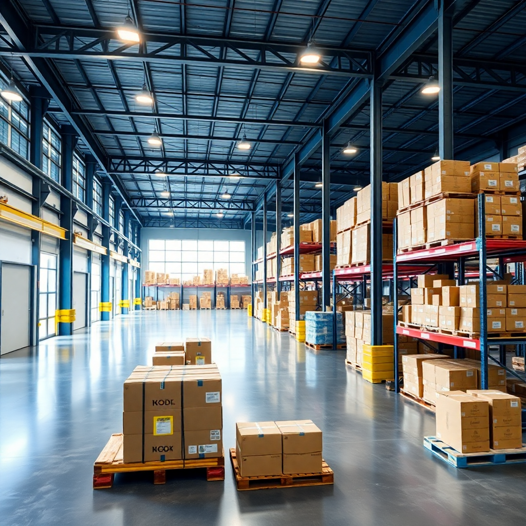 modern B2B ecommerce warehouse logistics facility with blue tint, professional, corporate