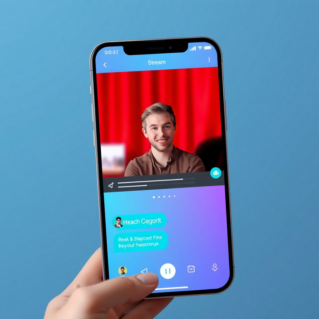 Mobile app screen showing live streaming interface with chat