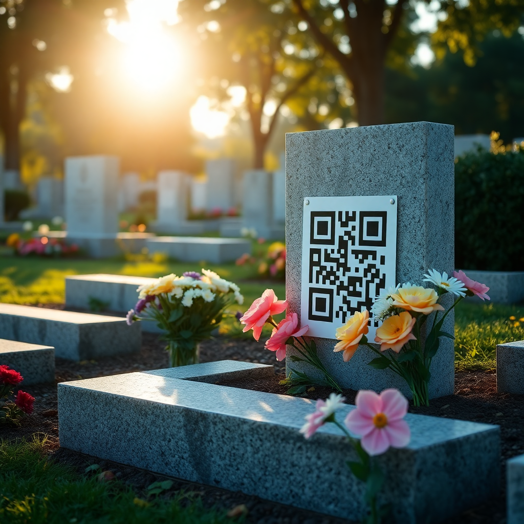 QR code memorial at cemetery with flowers, respectful memorial scene, soft sunlight