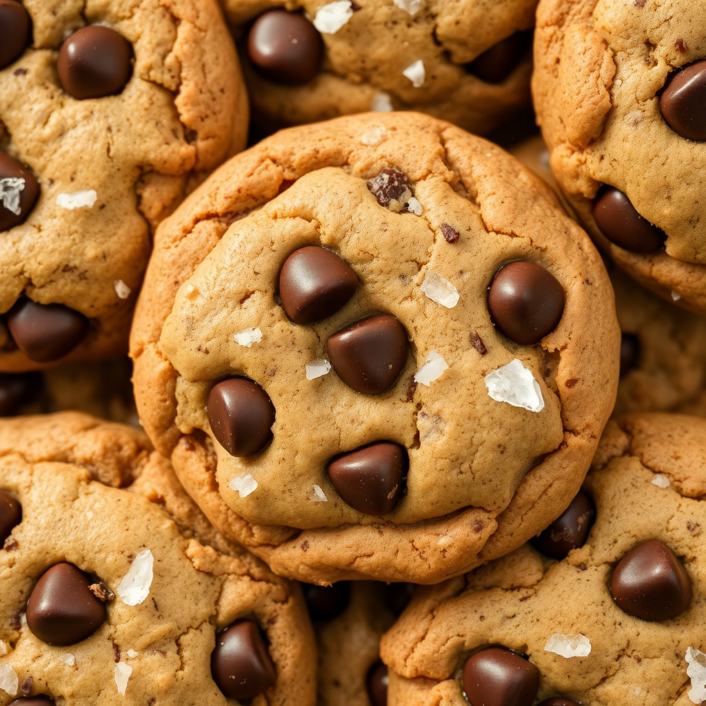 close up of gooey chocolate chip cookies with sea salt