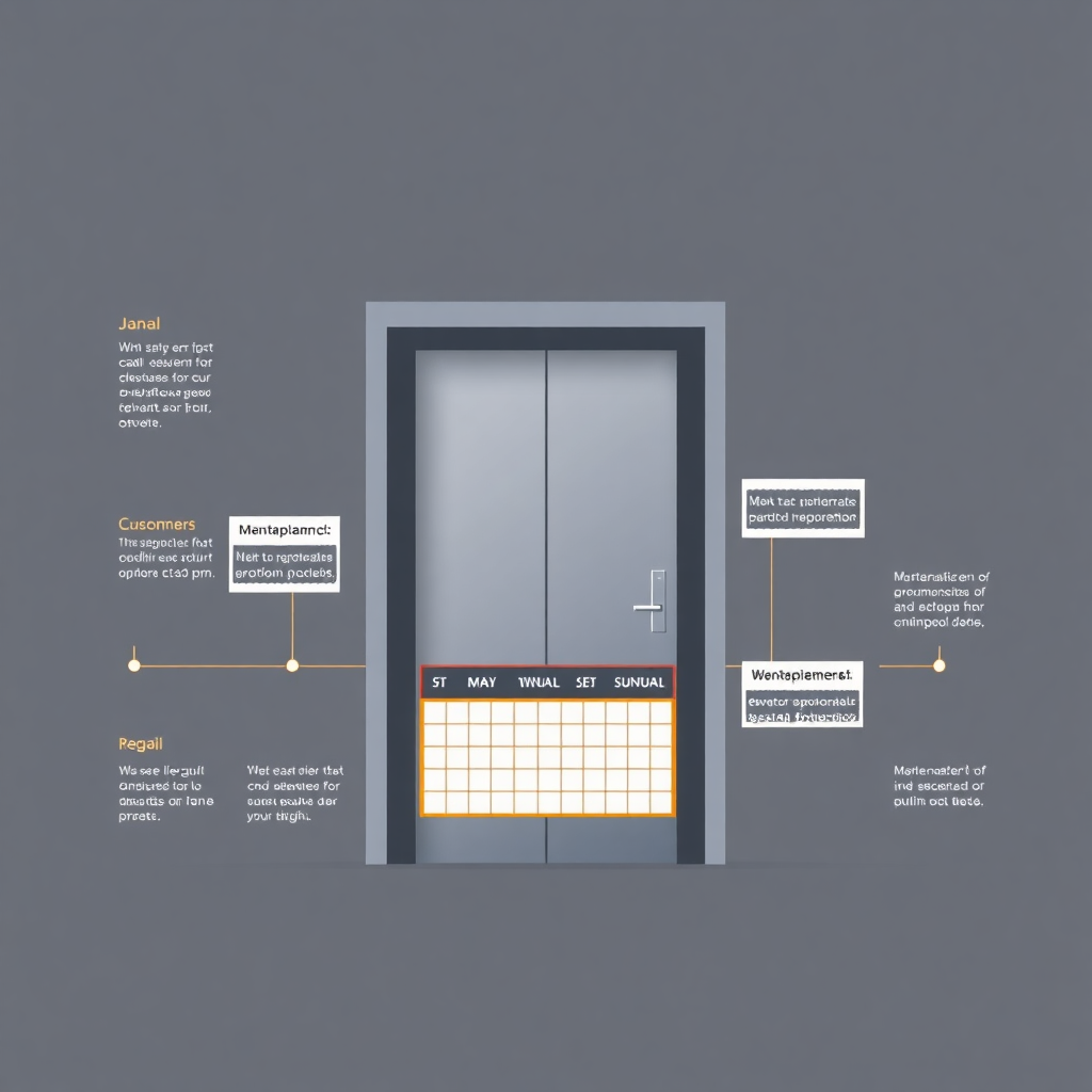 maintenance schedule calendar, elevator service timeline, regular inspection concept, professional industrial illustration