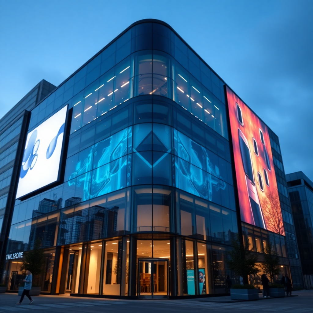 modern technology company office building with glass facade and digital displays