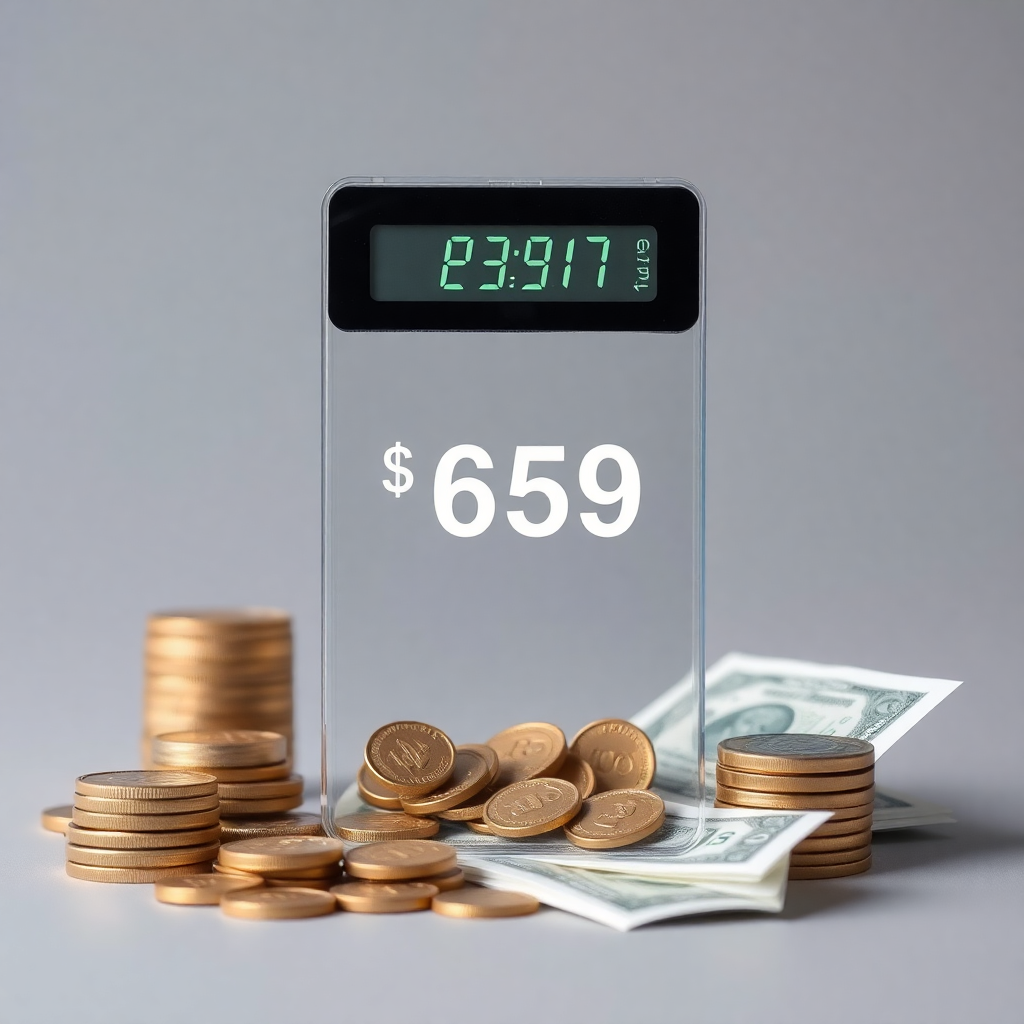 transparent pricing calculator with coins and money, affordable cost concept, modern flat lay photography