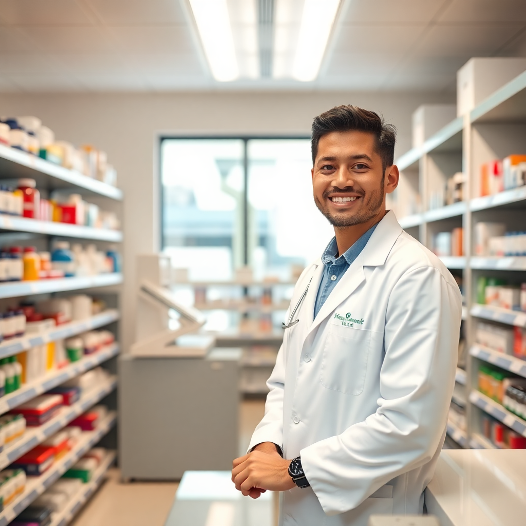 friendly pharmacist smiling behind a counter in a modern pharmacy