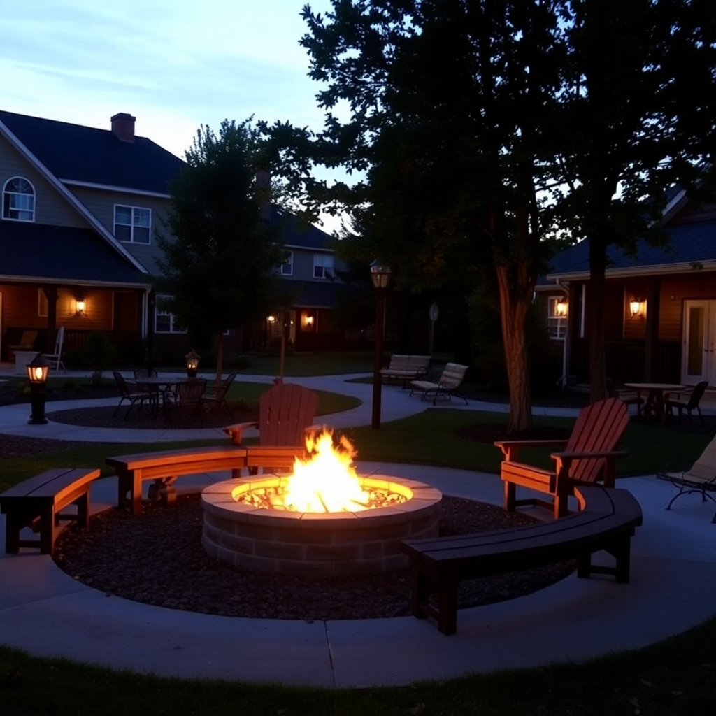 community fire pit area with seating, evening gathering, warm atmosphere