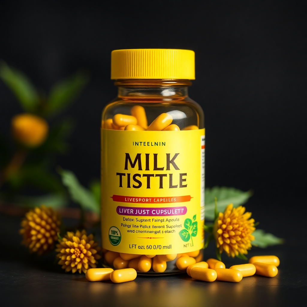 milk thistle liver support capsules, yellow bottle, detox supplement, herbal remedy, studio lighting