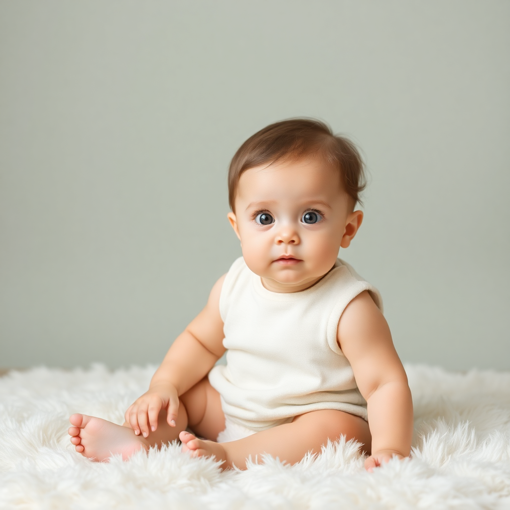 adorable baby girl with big eyes sitting on soft white rug, dusty sage background, natural light photography, high quality