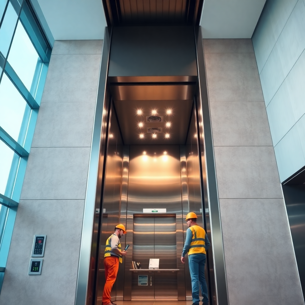 modern elevator installation in corporate building, Hungarian engineers working, clean professional lighting, high-end quality