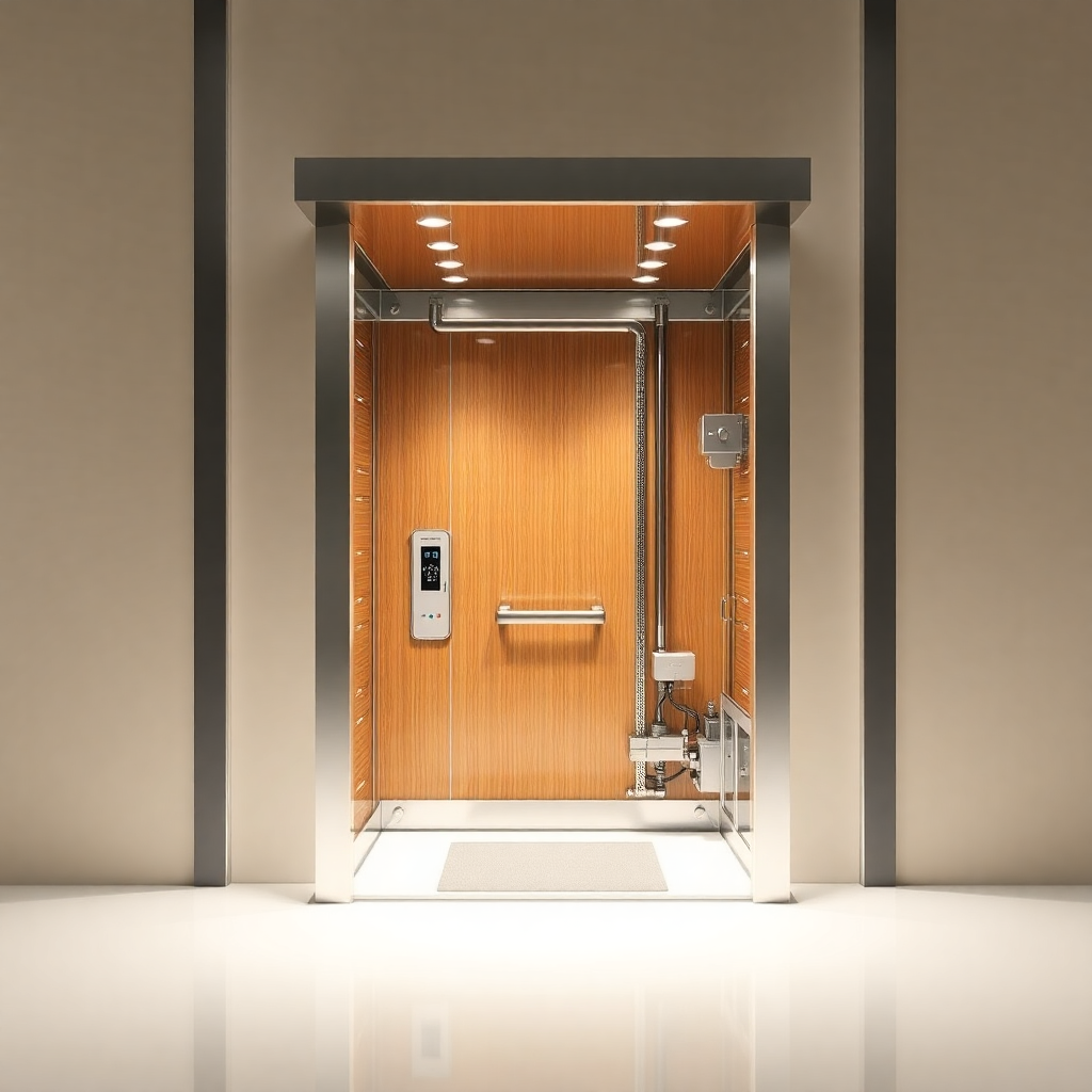machine room less elevator system, modern hydraulic lift without machine room, compact design, technical cross-section view, professional engineering style