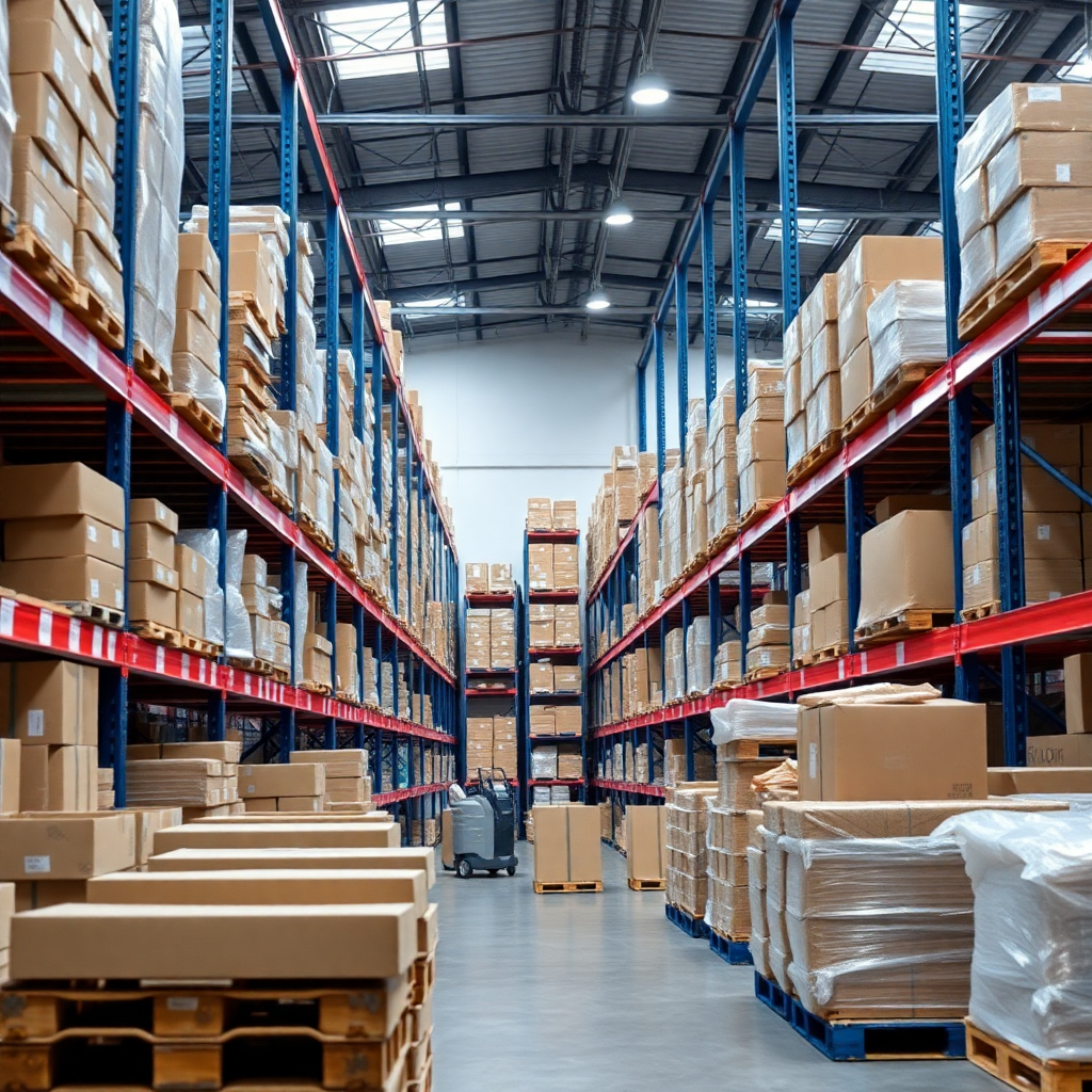 professional warehouse operations with organized inventory and packaging materials, modern logistics facility